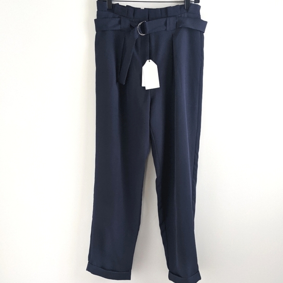 ENGLISH Factory High Rise Navy Blue Paper Bag Waist Pants M Ruffle - Picture 1 of 10